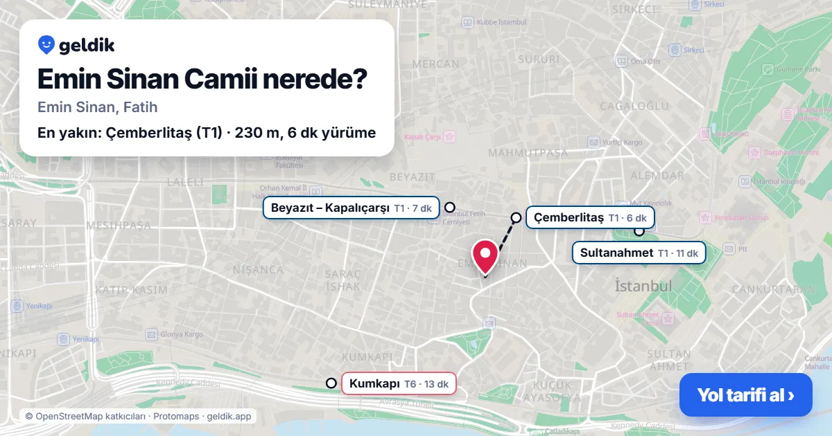 Emin Sinan Camii nerede: haritada konumu ve en yakın duraklar, yürüme süreleriyle