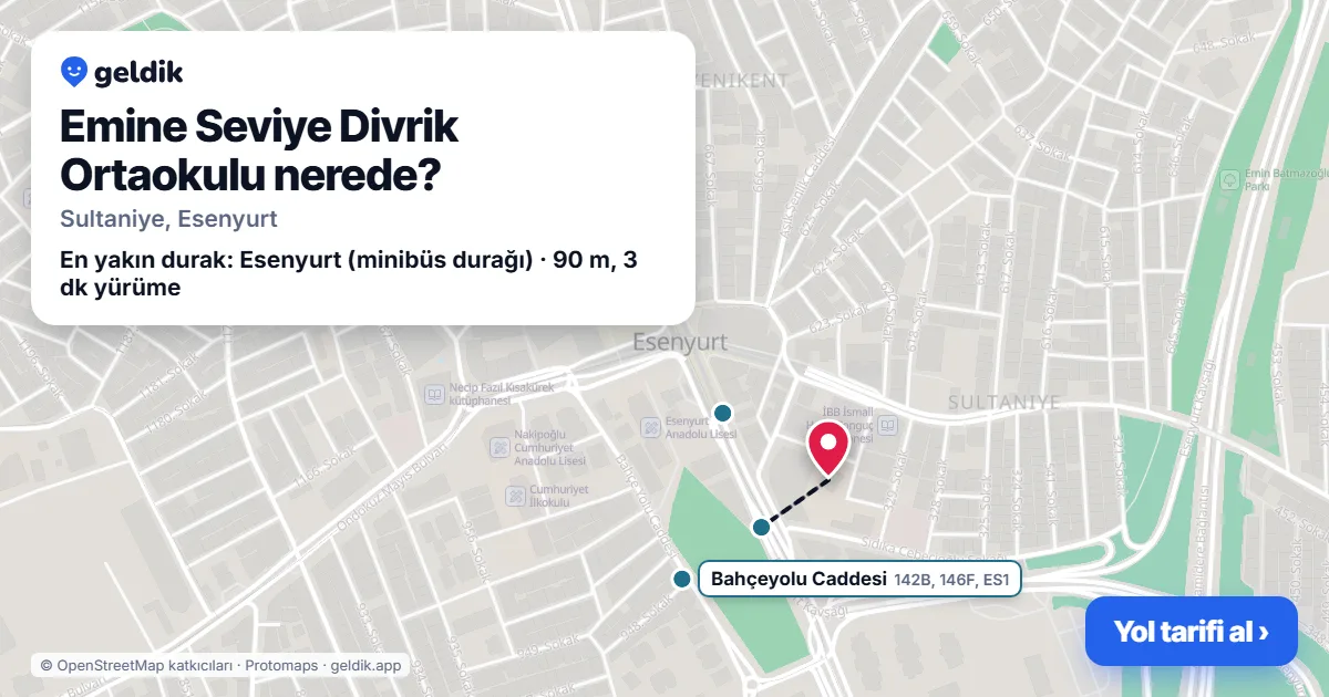 Where is Emine Seviye Divrik Ortaokulu: map with its location and the nearest stops, with walking times