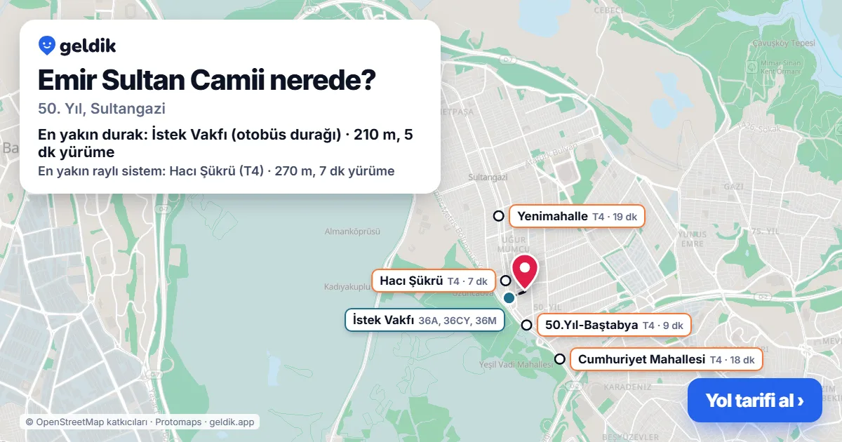 Emir Sultan Camii nerede: haritada konumu ve en yakın duraklar, yürüme süreleriyle