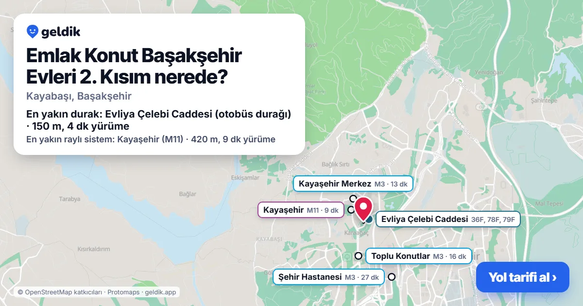 Where is Emlak Konut Başakşehir Evleri 2. Kısım: map with its location and the nearest stops, with walking times