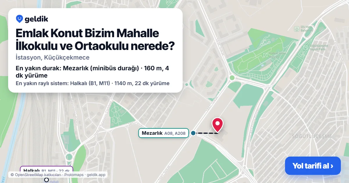Emlak Konut Bizim Mahalle İlkokulu ve Ortaokulu nerede: haritada konumu ve en yakın duraklar, yürüme süreleriyle