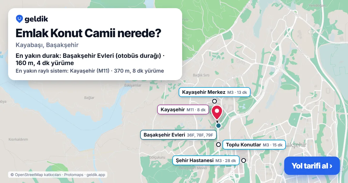 Emlak Konut Camii nerede: haritada konumu ve en yakın duraklar, yürüme süreleriyle