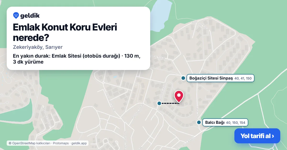 Where is Emlak Konut Koru Evleri: map with its location and the nearest stops, with walking times