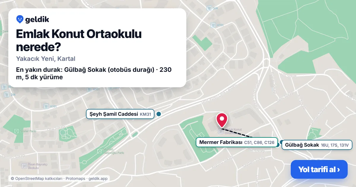 Where is Emlak Konut Ortaokulu: map with its location and the nearest stops, with walking times