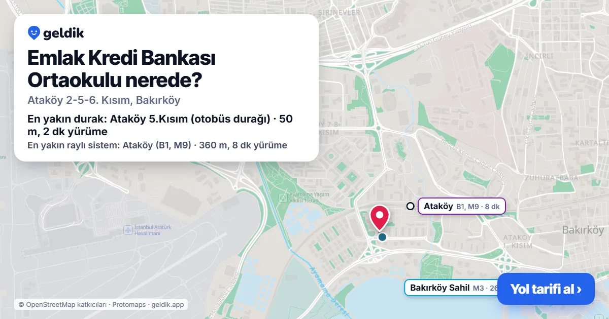 Emlak Kredi Bankası Ortaokulu nerede: haritada konumu ve en yakın duraklar, yürüme süreleriyle