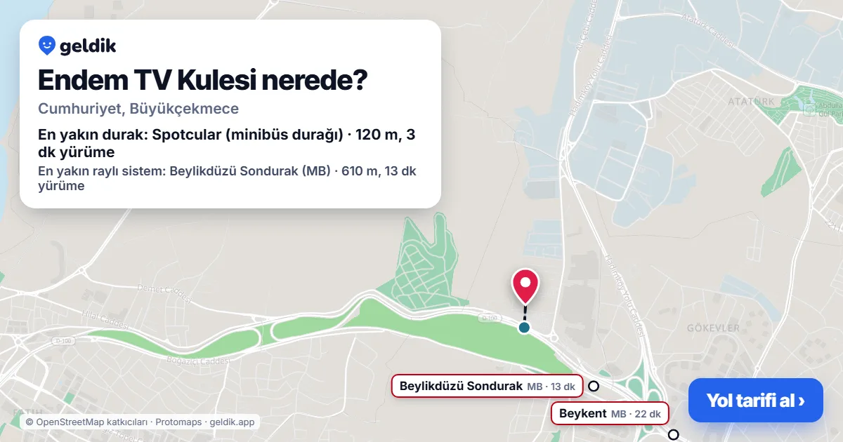 Endem TV Kulesi nerede: haritada konumu ve en yakın duraklar, yürüme süreleriyle