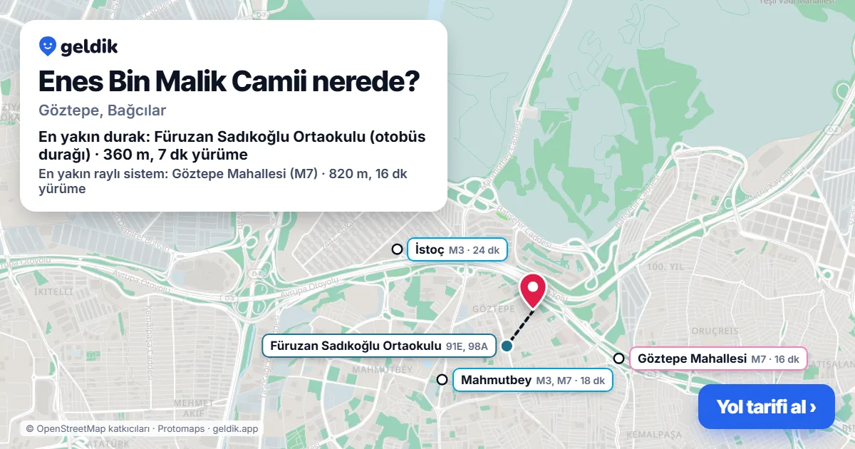 Enes Bin Malik Camii nerede: haritada konumu ve en yakın duraklar, yürüme süreleriyle