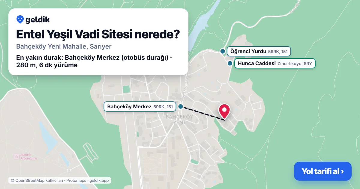 Entel Yeşil Vadi Sitesi nerede: haritada konumu ve en yakın duraklar, yürüme süreleriyle
