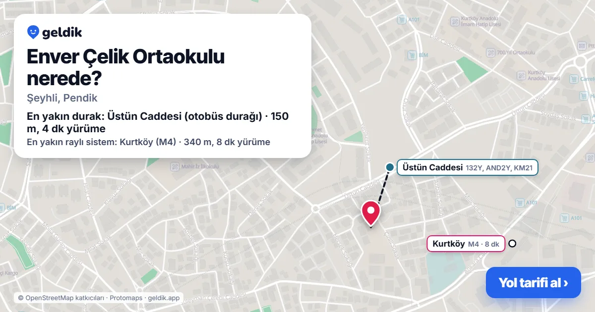 Where is Enver Çelik Ortaokulu: map with its location and the nearest stops, with walking times