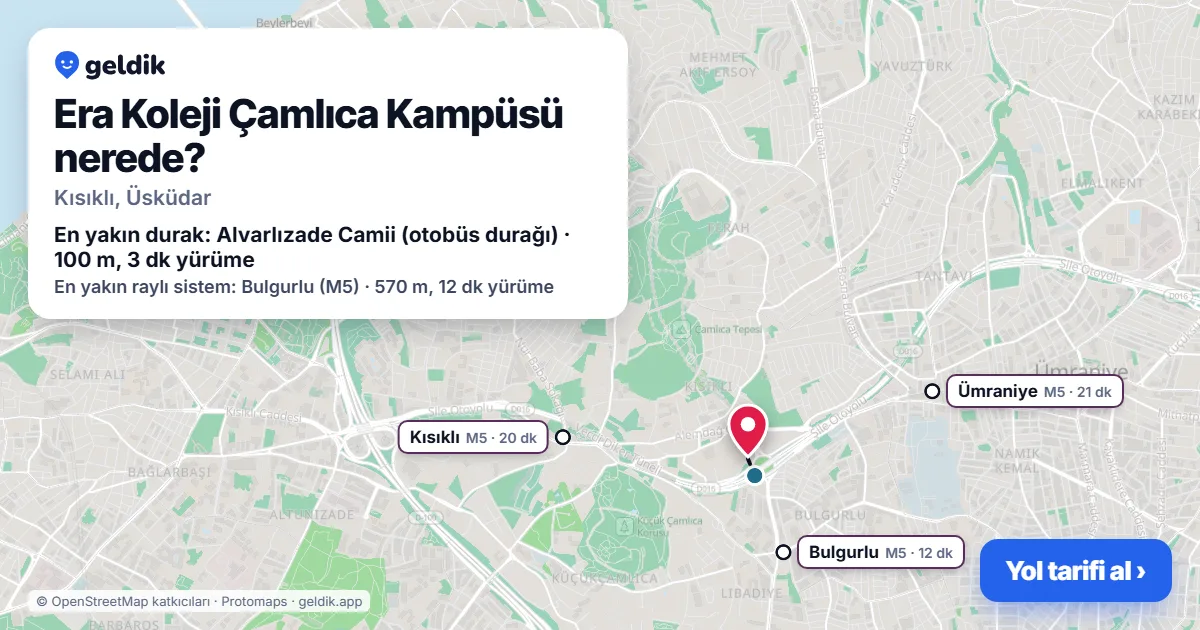 Era Koleji Çamlıca Kampüsü nerede: haritada konumu ve en yakın duraklar, yürüme süreleriyle