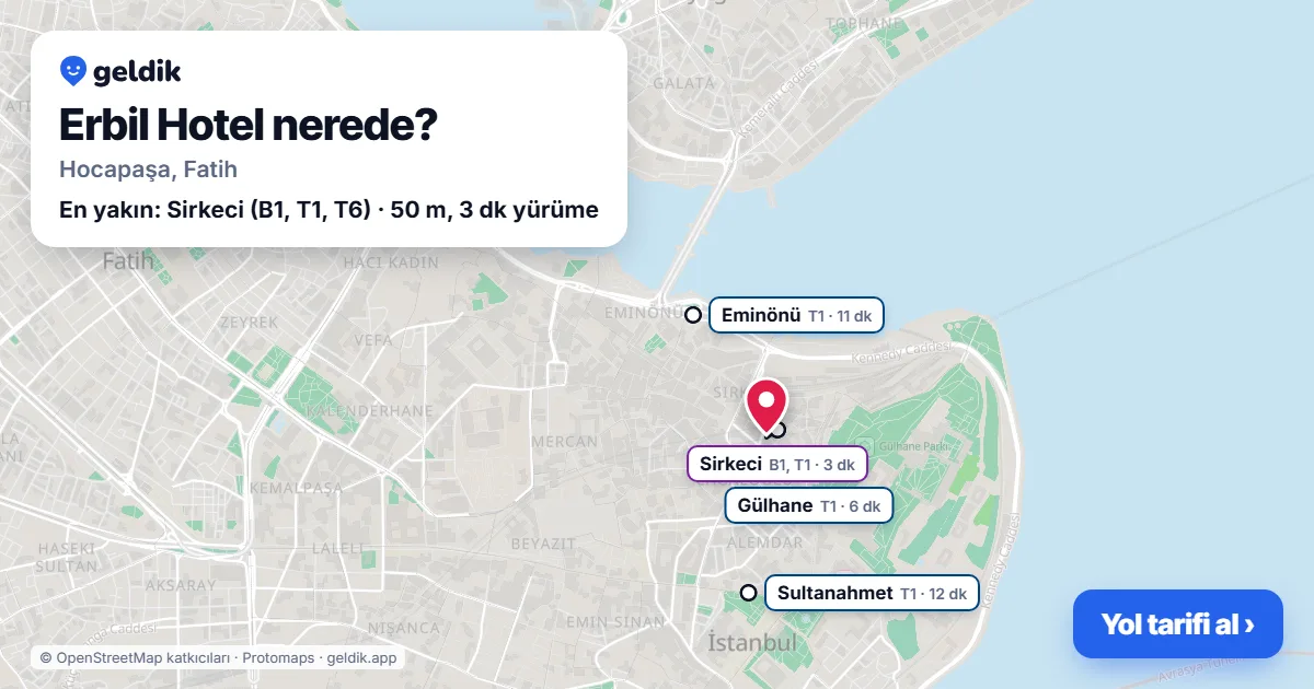 Erbil Hotel nerede: haritada konumu ve en yakın duraklar, yürüme süreleriyle