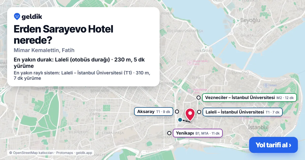 Erden Sarayevo Hotel nerede: haritada konumu ve en yakın duraklar, yürüme süreleriyle