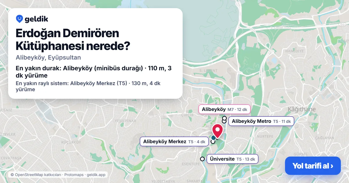 Where is Erdoğan Demirören Kütüphanesi: map with its location and the nearest stops, with walking times