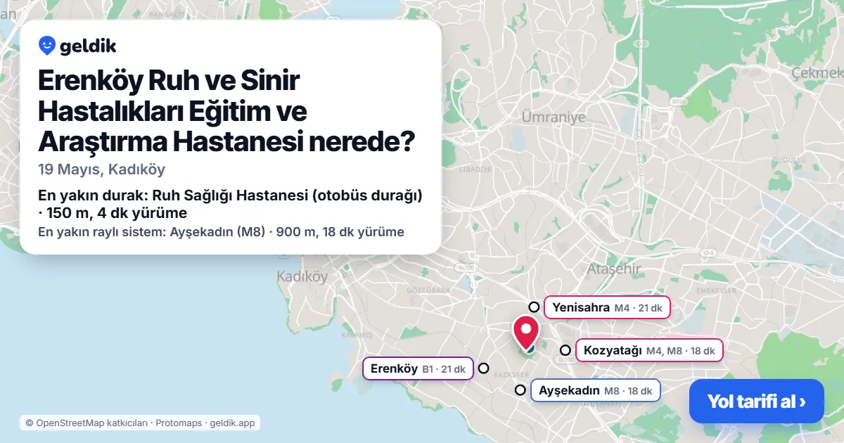 Erenköy Ruh ve Sinir Hastalıkları Eğitim ve Araştırma Hastanesi nerede: haritada konumu ve en yakın duraklar, yürüme süreleriyle