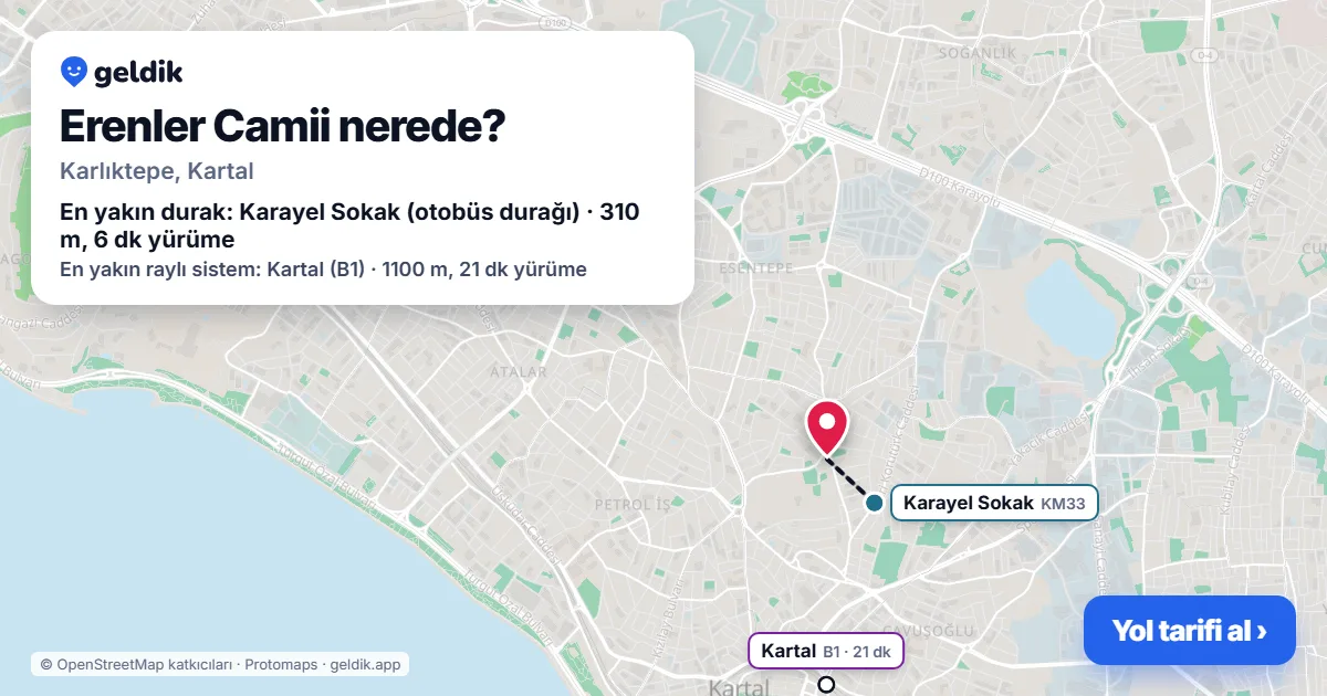 Where is Erenler Camii: map with its location and the nearest stops, with walking times