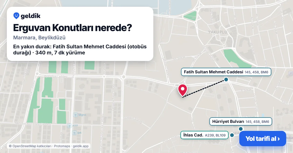 Erguvan Konutları nerede: haritada konumu ve en yakın duraklar, yürüme süreleriyle