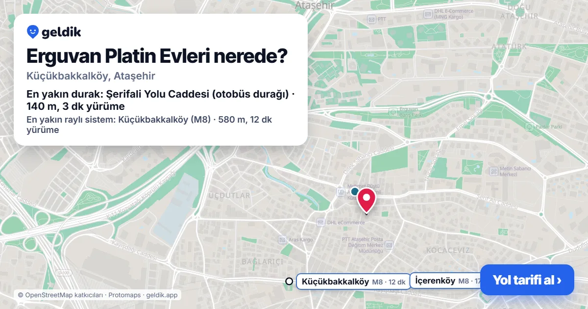 Erguvan Platin Evleri nerede: haritada konumu ve en yakın duraklar, yürüme süreleriyle