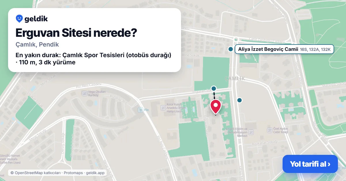 Erguvan Sitesi nerede: haritada konumu ve en yakın duraklar, yürüme süreleriyle