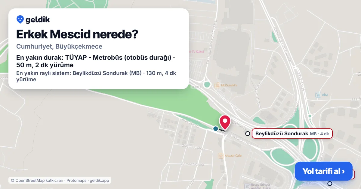 Erkek Mescid nerede: haritada konumu ve en yakın duraklar, yürüme süreleriyle