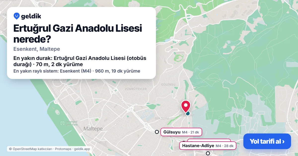 Ertuğrul Gazi Anadolu Lisesi nerede: haritada konumu ve en yakın duraklar, yürüme süreleriyle