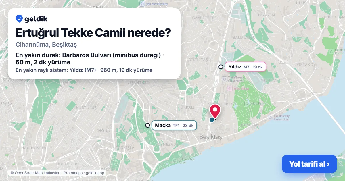 Where is Ertuğrul Tekke Camii: map with its location and the nearest stops, with walking times