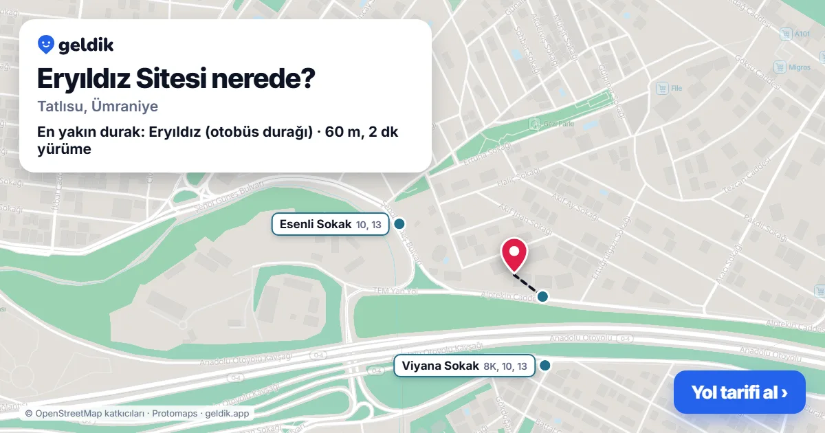 Where is Eryıldız Sitesi: map with its location and the nearest stops, with walking times