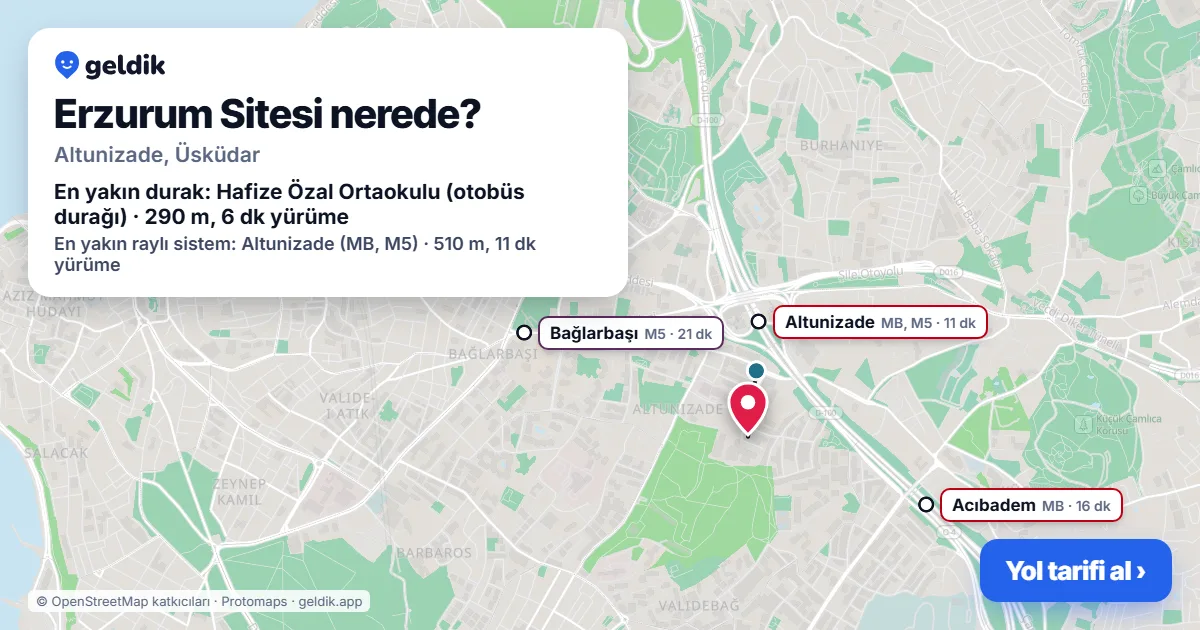 Erzurum Sitesi nerede: haritada konumu ve en yakın duraklar, yürüme süreleriyle