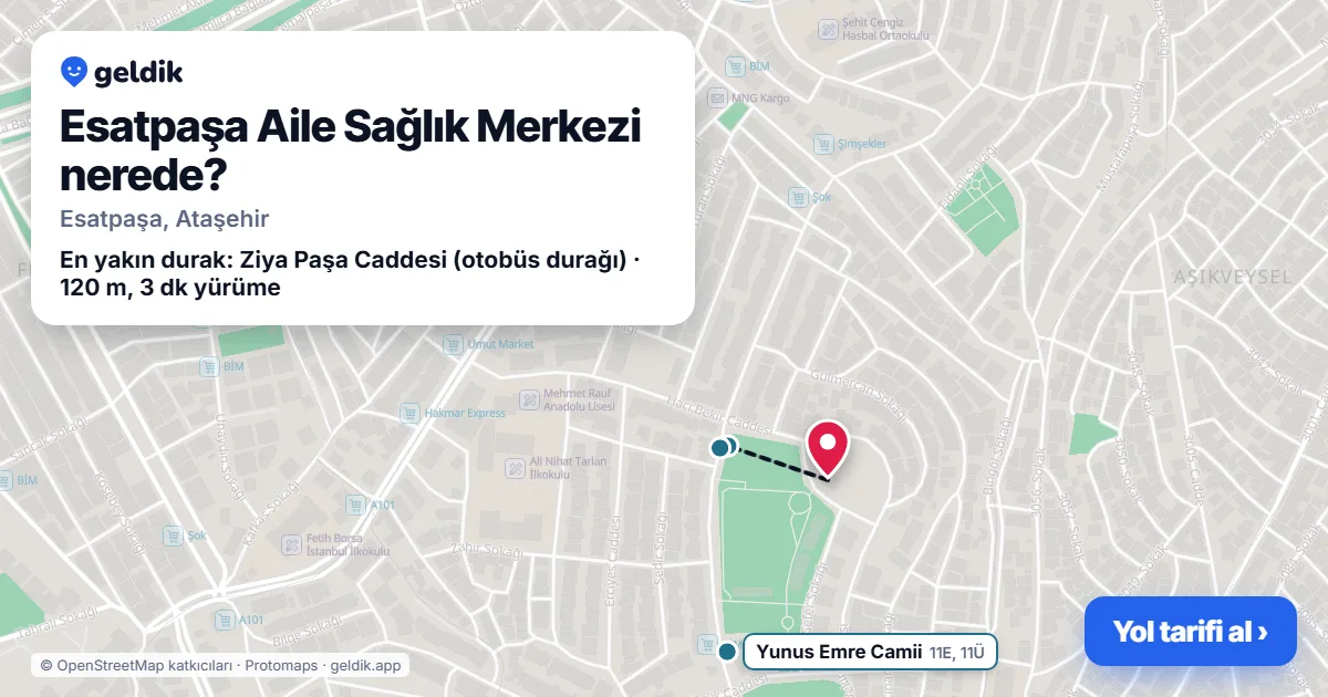 Esatpaşa Aile Sağlık Merkezi nerede: haritada konumu ve en yakın duraklar, yürüme süreleriyle