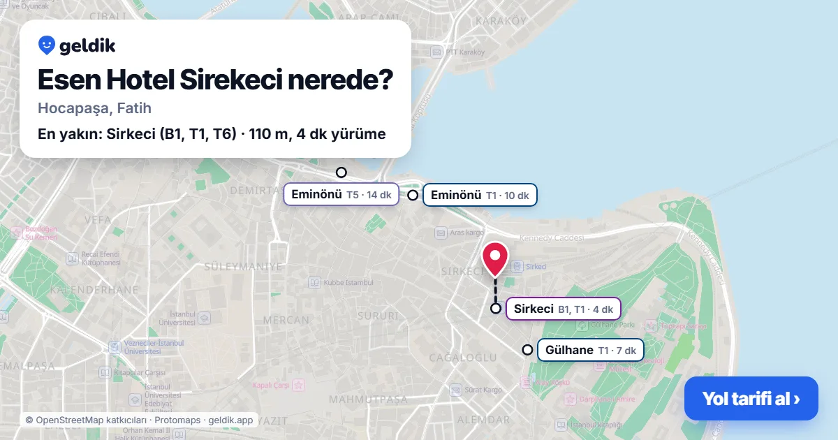 Where is Esen Hotel Sirekeci: map with its location and the nearest stops, with walking times