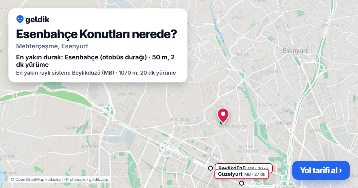Esenbahçe Konutları nerede: haritada konumu ve en yakın duraklar, yürüme süreleriyle