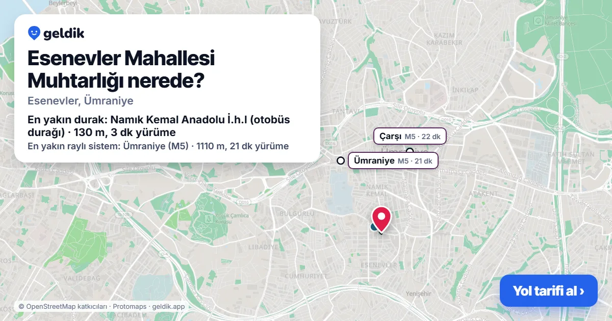 Where is Esenevler Mahallesi Muhtarlığı: map with its location and the nearest stops, with walking times