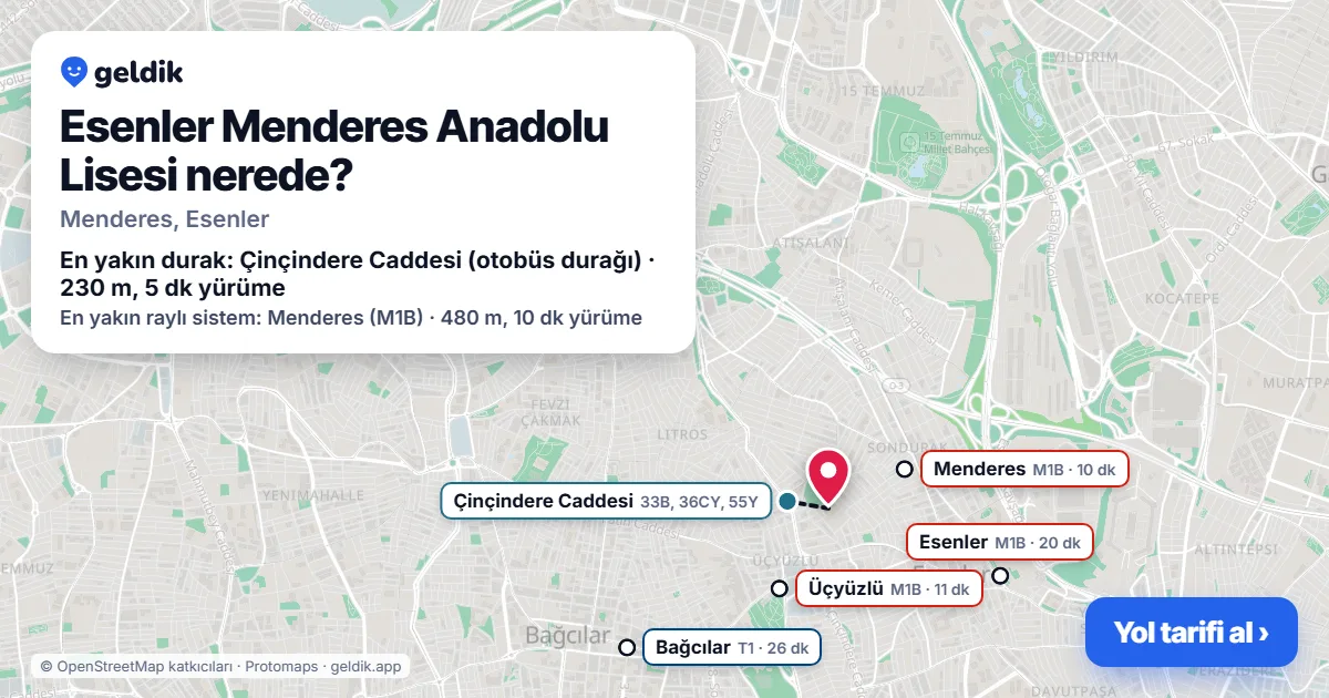 Where is Esenler Menderes Anadolu Lisesi: map with its location and the nearest stops, with walking times
