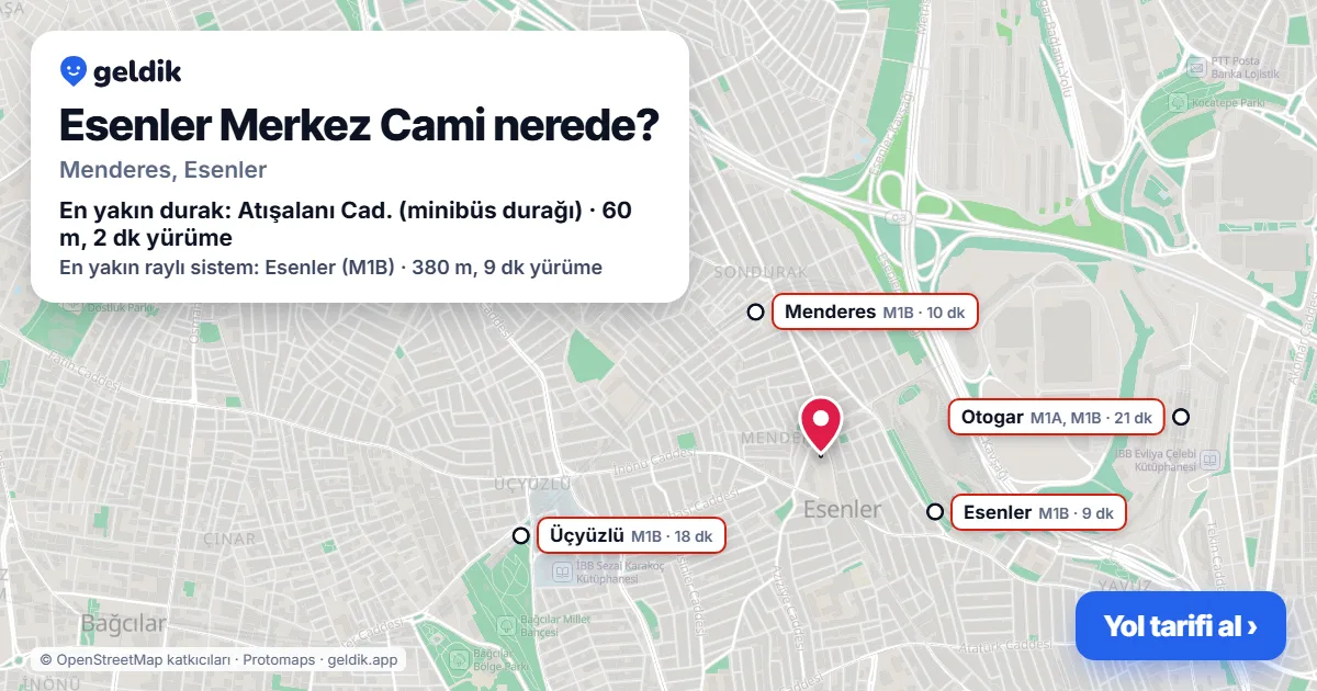 Where is Esenler Merkez Cami: map with its location and the nearest stops, with walking times