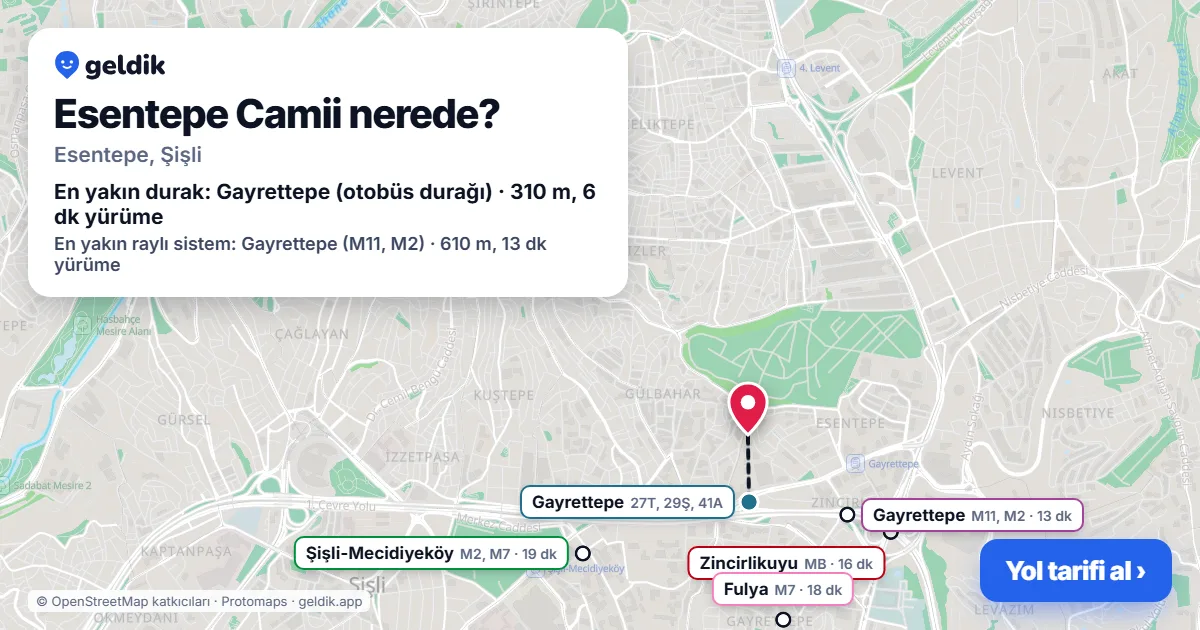 Esentepe Camii nerede: haritada konumu ve en yakın duraklar, yürüme süreleriyle