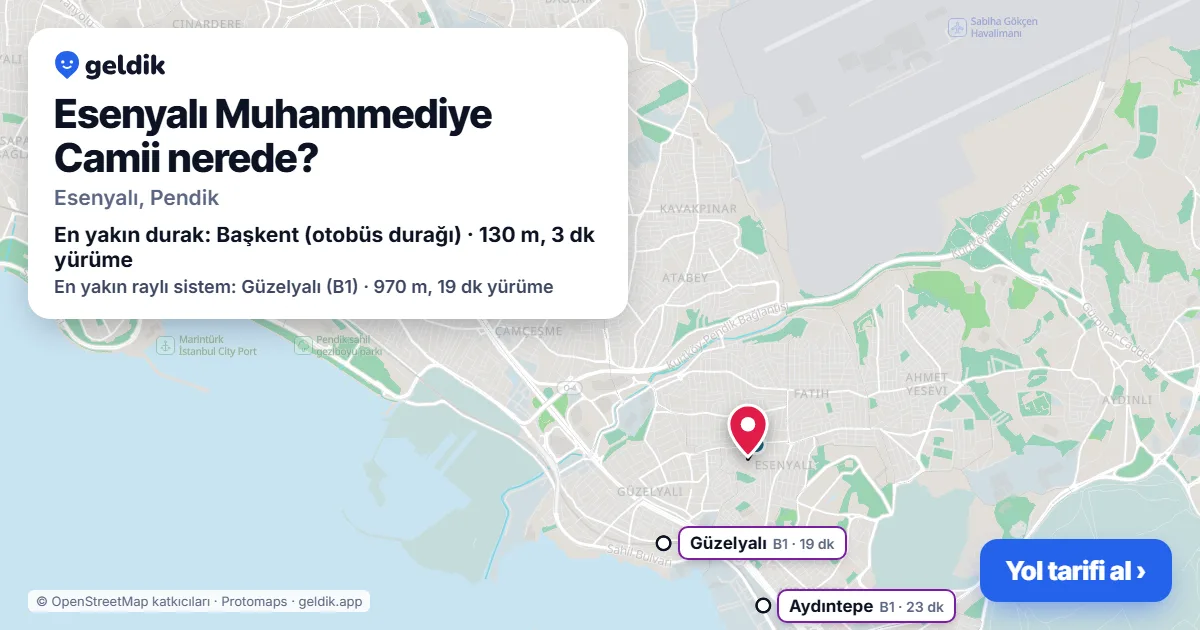Esenyalı Muhammediye Camii nerede: haritada konumu ve en yakın duraklar, yürüme süreleriyle