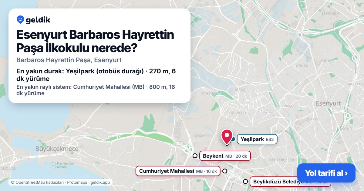 Esenyurt Barbaros Hayrettin Paşa İlkokulu nerede: haritada konumu ve en yakın duraklar, yürüme süreleriyle