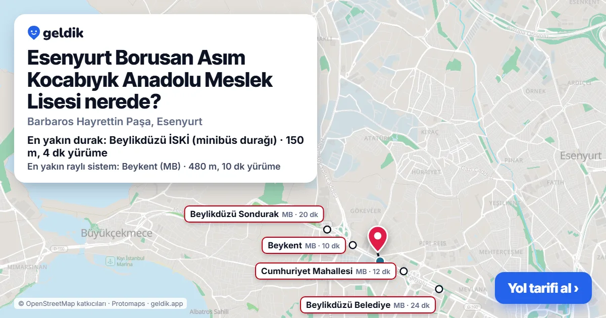 Esenyurt Borusan Asım Kocabıyık Anadolu Meslek Lisesi nerede: haritada konumu ve en yakın duraklar, yürüme süreleriyle