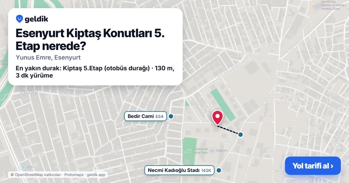 Esenyurt Kiptaş Konutları 5. Etap nerede: haritada konumu ve en yakın duraklar, yürüme süreleriyle