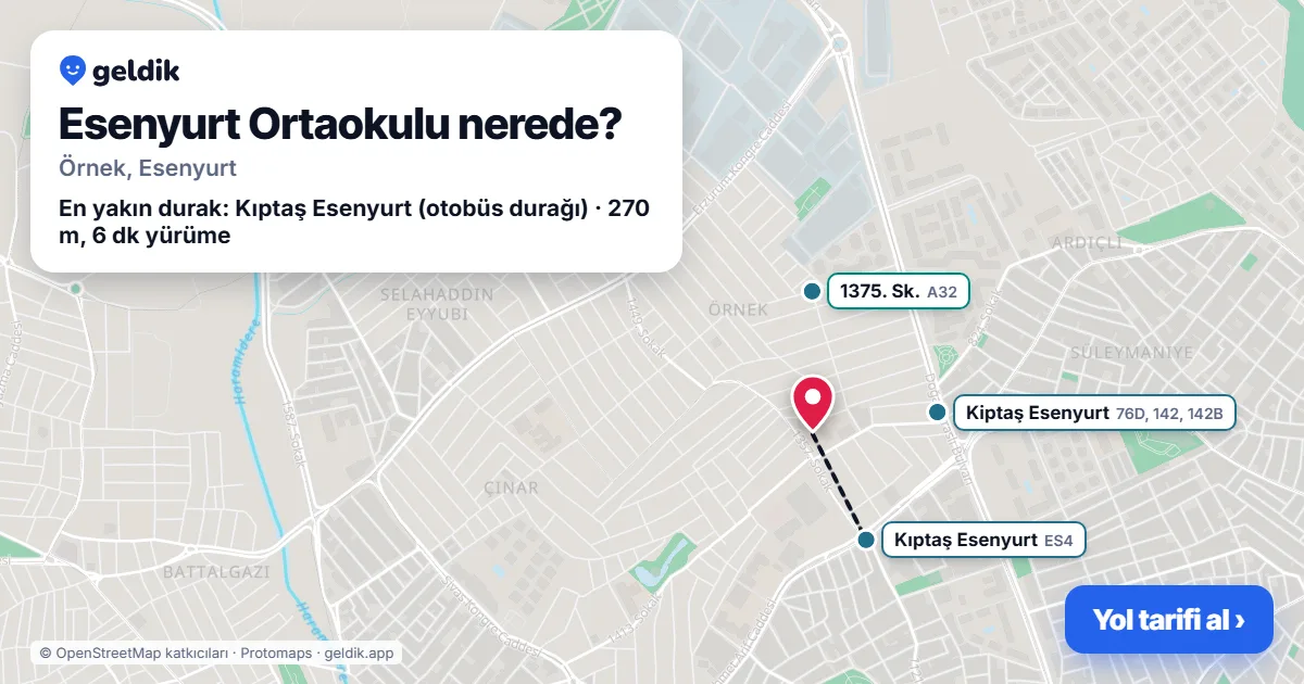 Esenyurt Ortaokulu nerede: haritada konumu ve en yakın duraklar, yürüme süreleriyle