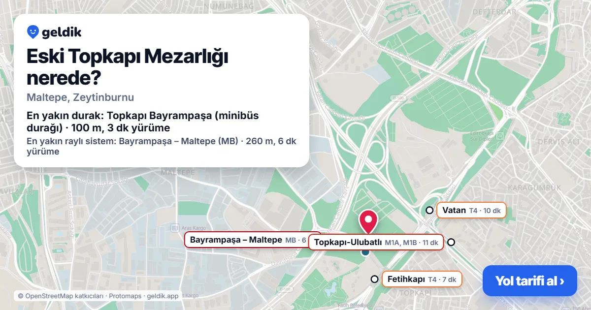 Eski Topkapı Mezarlığı nerede: haritada konumu ve en yakın duraklar, yürüme süreleriyle