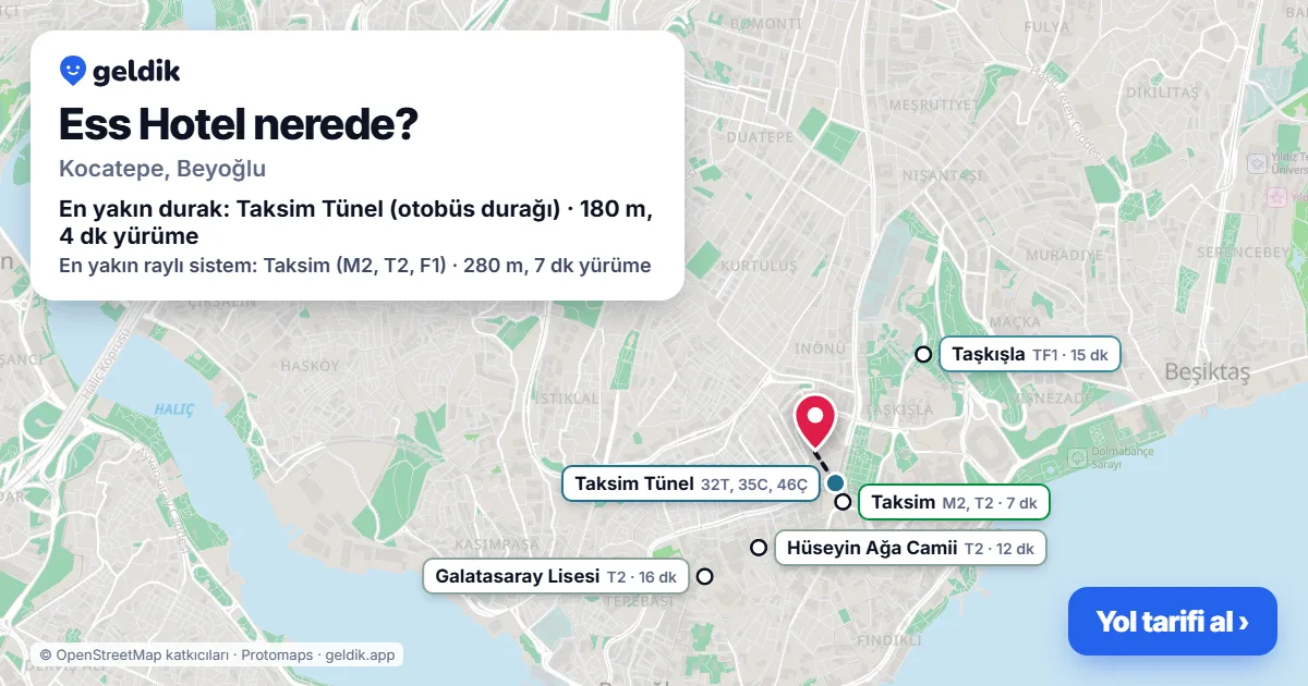 Ess Hotel nerede: haritada konumu ve en yakın duraklar, yürüme süreleriyle