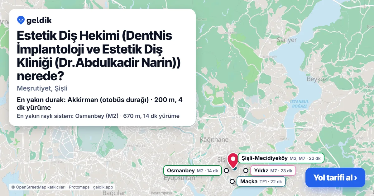 Where is Estetik Diş Hekimi (DentNis İmplantoloji ve Estetik Diş Kliniği (Dr.Abdulkadir Narin)): map with its location and the nearest stops, with walking times