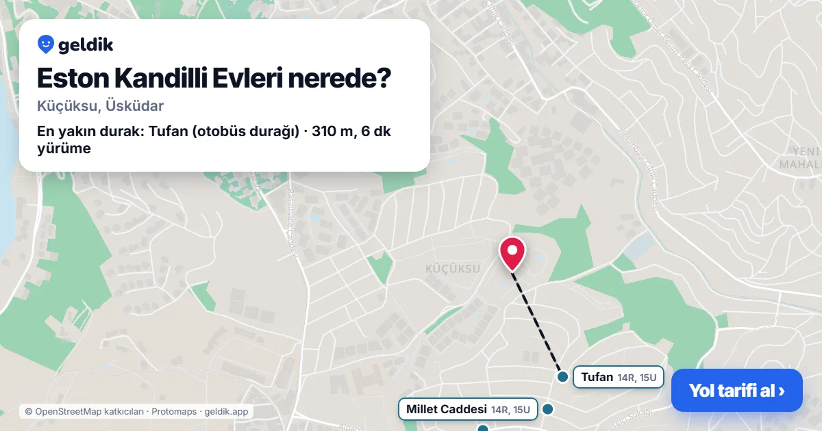 Eston Kandilli Evleri nerede: haritada konumu ve en yakın duraklar, yürüme süreleriyle