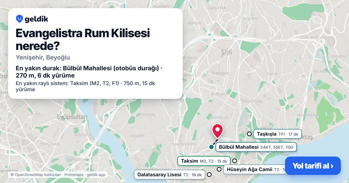 Evangelistra Rum Kilisesi nerede: haritada konumu ve en yakın duraklar, yürüme süreleriyle