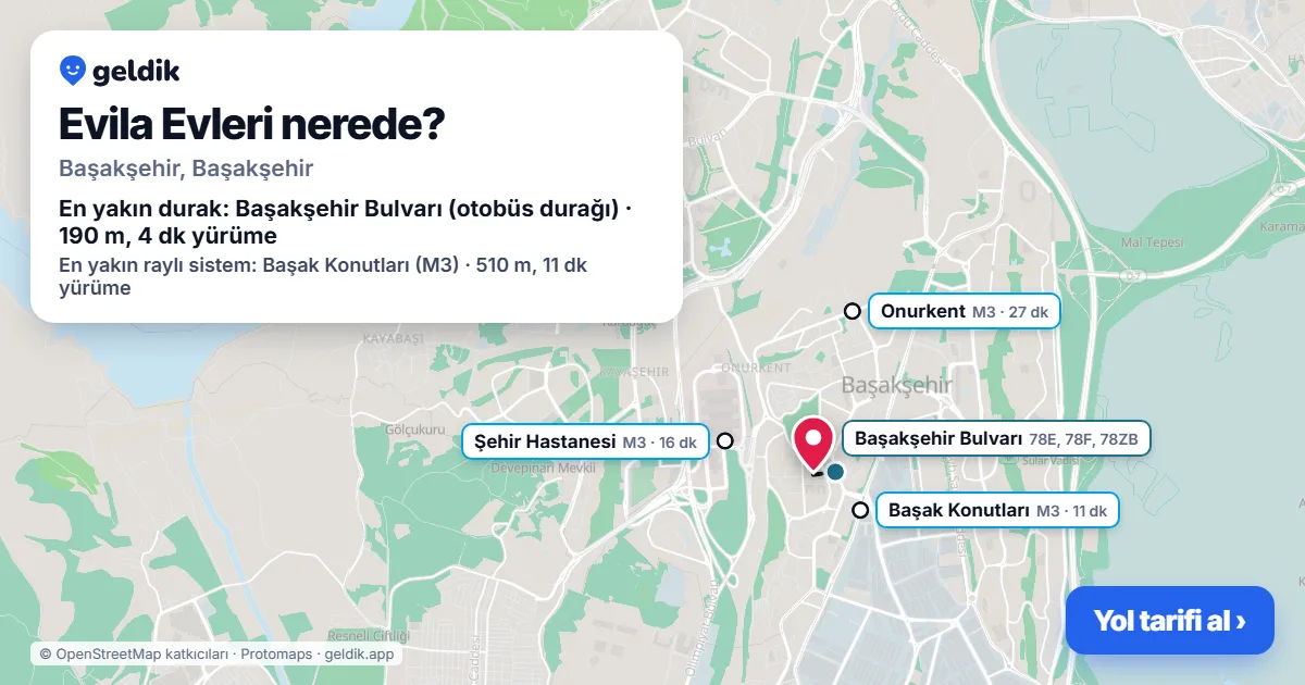 Evila Evleri nerede: haritada konumu ve en yakın duraklar, yürüme süreleriyle