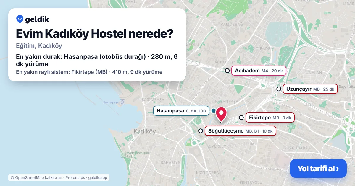 Evim Kadıköy Hostel nerede: haritada konumu ve en yakın duraklar, yürüme süreleriyle