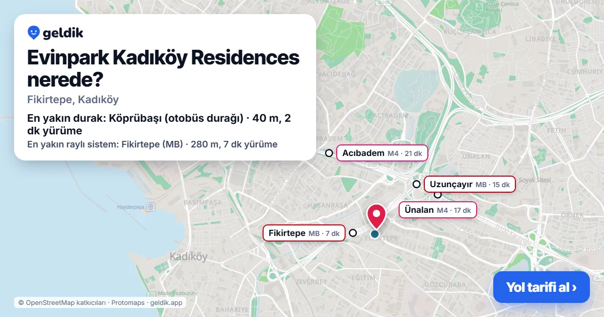 Evinpark Kadıköy Residences nerede: haritada konumu ve en yakın duraklar, yürüme süreleriyle