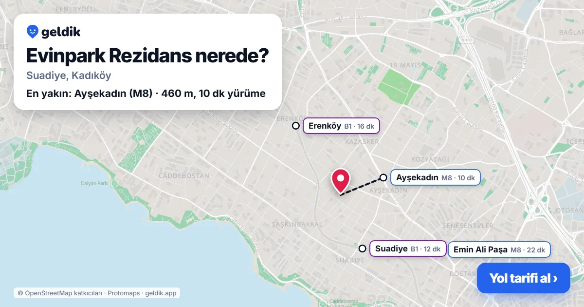 Evinpark Rezidans nerede: haritada konumu ve en yakın duraklar, yürüme süreleriyle