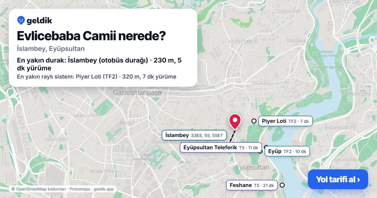 Evlicebaba Camii nerede: haritada konumu ve en yakın duraklar, yürüme süreleriyle