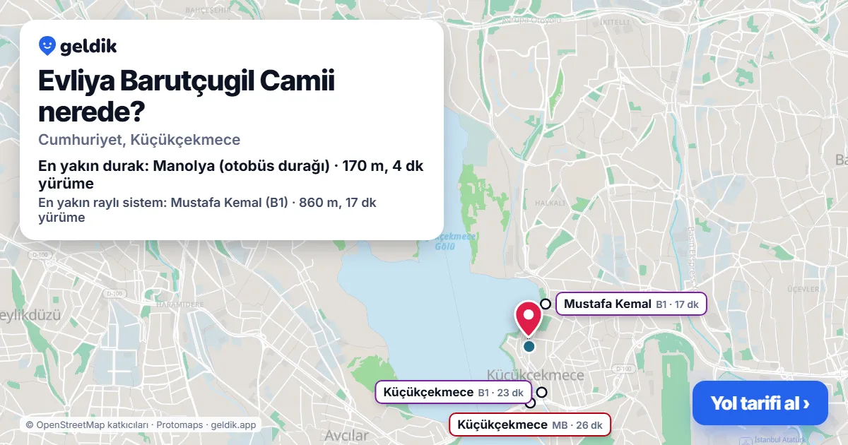 Where is Evliya Barutçugil Camii: map with its location and the nearest stops, with walking times
